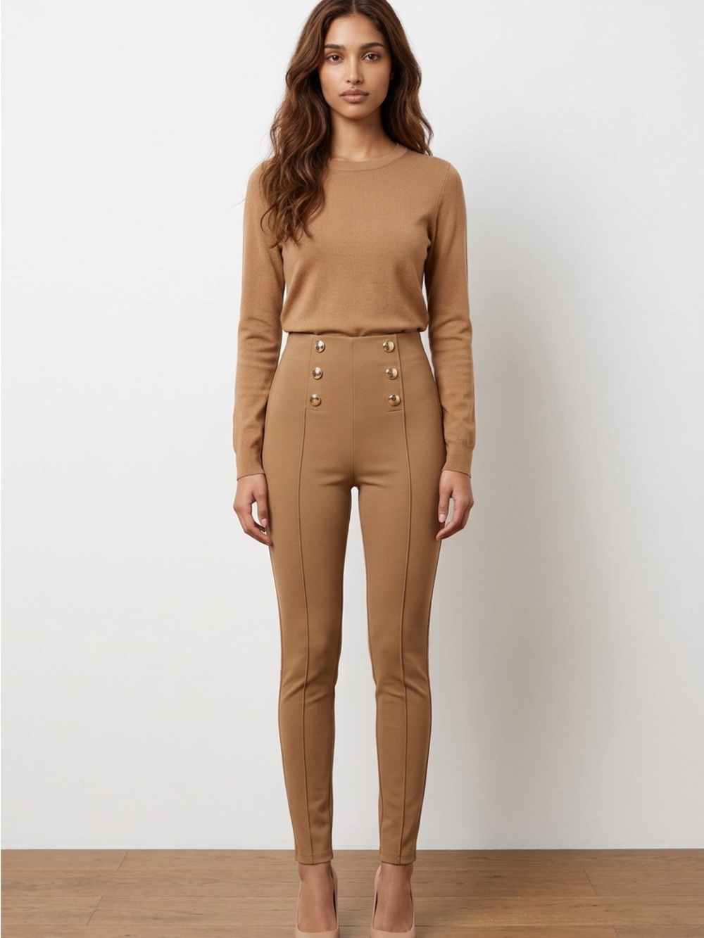 Zara Camel High-Waist Skinny Pants with Gold Buttons